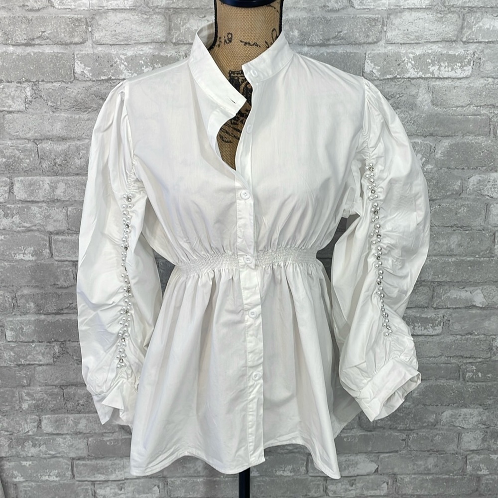 BEULAH Pearl/Rhinestone Long Sleeve Blouse